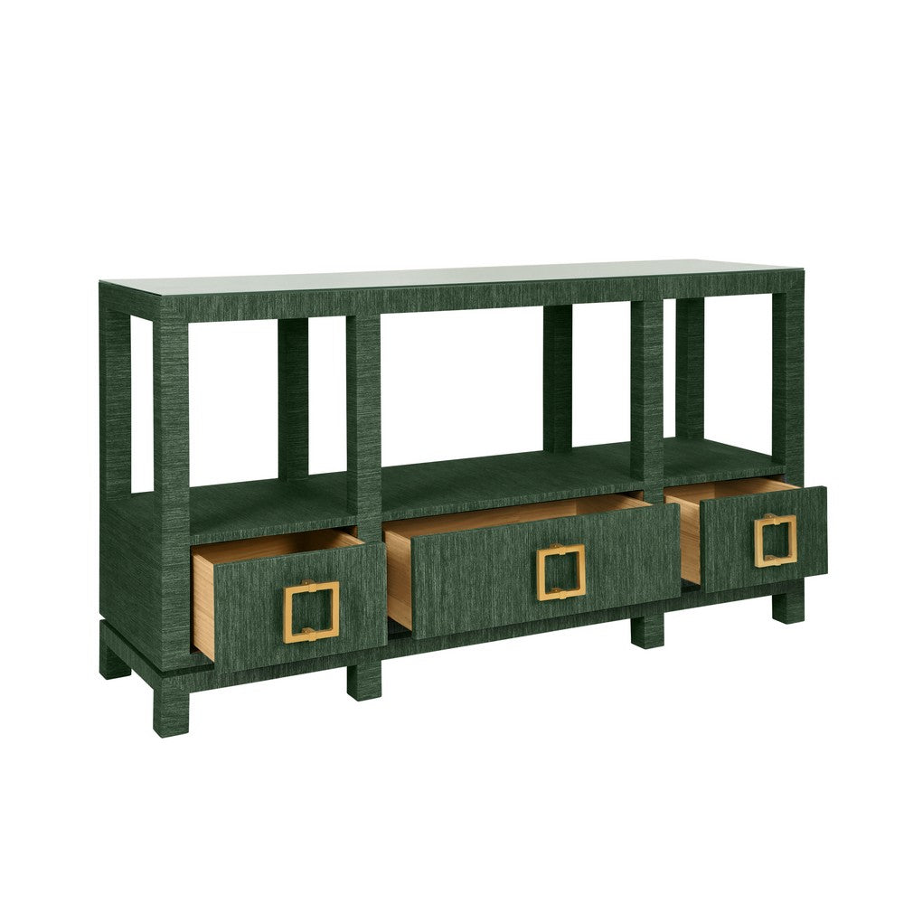 Worlds Away - Open Shelf Console With Three Bottom Drawers And Square Satin Brass Hardware In Dyed Green Grasscloth - CAMPBELL GR view 3
