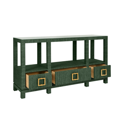 Worlds Away - Open Shelf Console With Three Bottom Drawers And Square Satin Brass Hardware In Dyed Green Grasscloth - CAMPBELL GR view 3