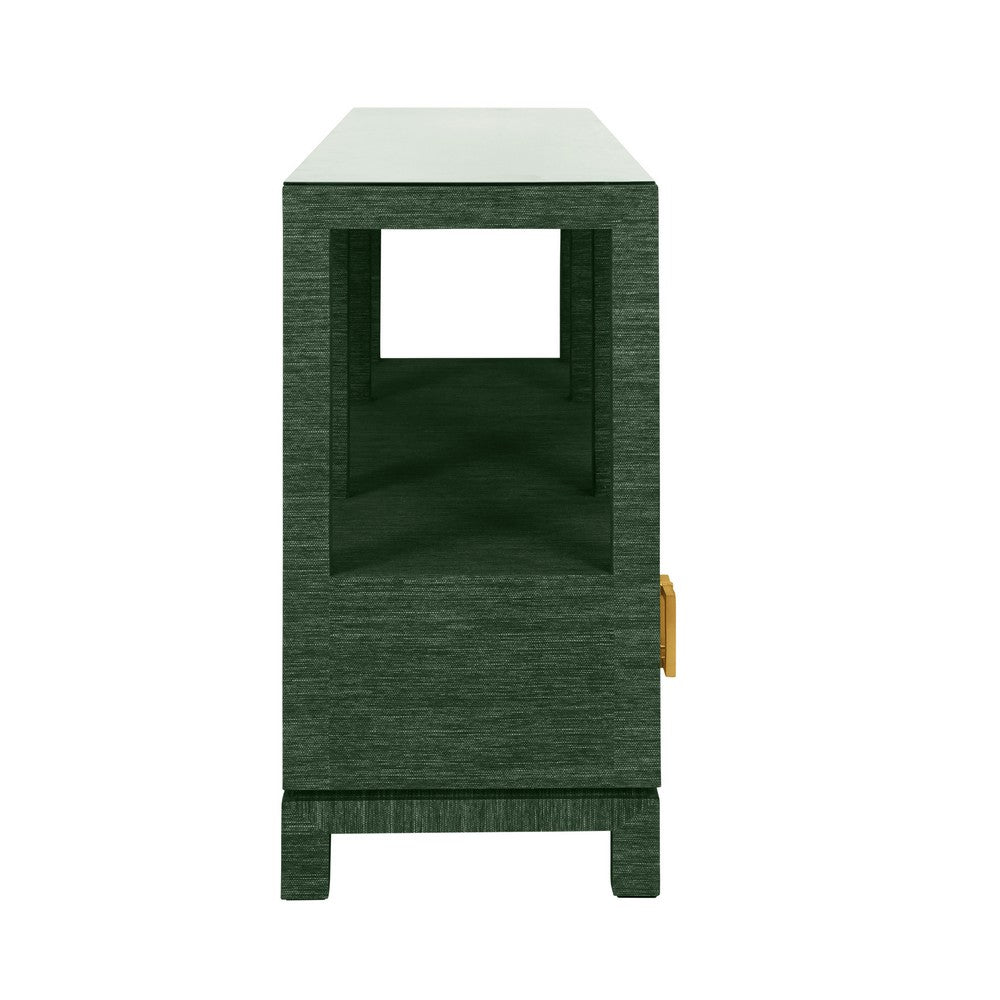 Worlds Away - Open Shelf Console With Three Bottom Drawers And Square Satin Brass Hardware In Dyed Green Grasscloth - CAMPBELL GR view 4