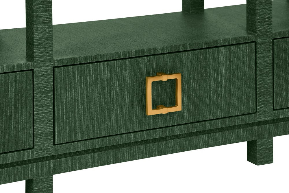 Worlds Away - Open Shelf Console With Three Bottom Drawers And Square Satin Brass Hardware In Dyed Green Grasscloth - CAMPBELL GR view 5