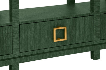 Worlds Away - Open Shelf Console With Three Bottom Drawers And Square Satin Brass Hardware In Dyed Green Grasscloth - CAMPBELL GR view 5