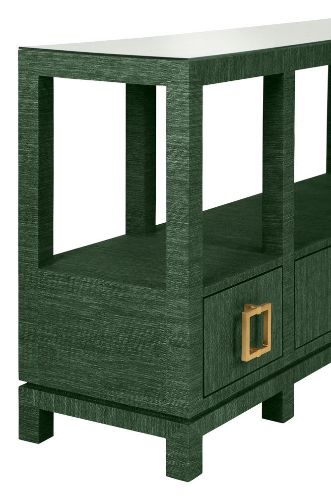 Worlds Away - Open Shelf Console With Three Bottom Drawers And Square Satin Brass Hardware In Dyed Green Grasscloth - CAMPBELL GR view 6