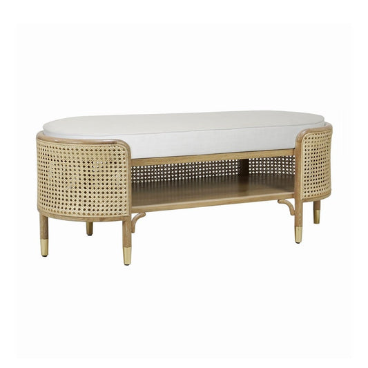 Worlds Away - Oval Bench In Cerused Oak And Natural Cane With White Linen Cushion  - BEALE CO view 1