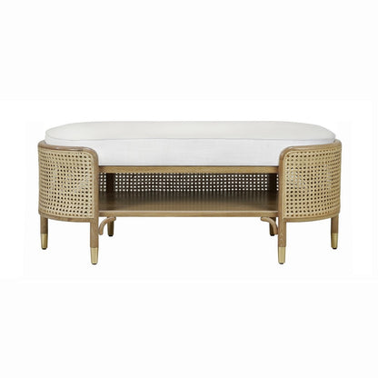 Worlds Away - Oval Bench In Cerused Oak And Natural Cane With White Linen Cushion  - BEALE CO view 2