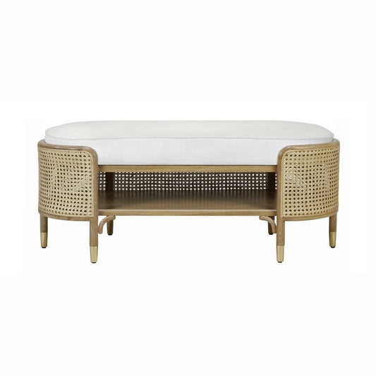 Worlds Away - Oval Bench In Cerused Oak And Natural Cane With White Linen Cushion  - BEALE CO view 2