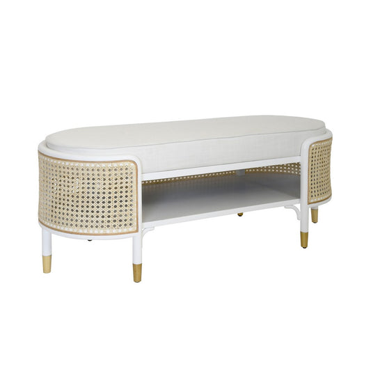Worlds Away - Oval Bench In Matte White And Natural Cane With White Linen Cushion  - BEALE WH view 1