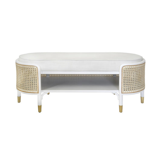 Worlds Away - Oval Bench In Matte White And Natural Cane With White Linen Cushion  - BEALE WH view 2
