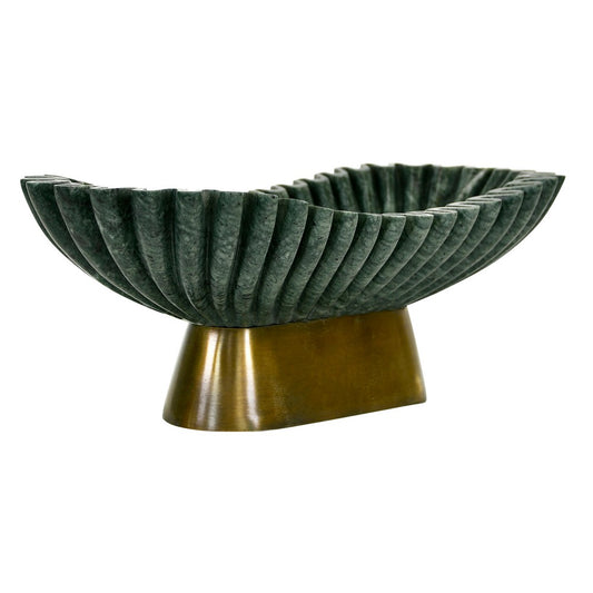 Worlds Away - Oval Fluted Green Marble Bowl With Brass Base - DRAGO view 1