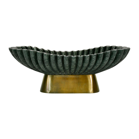 Worlds Away - Oval Fluted Green Marble Bowl With Brass Base - DRAGO view 2