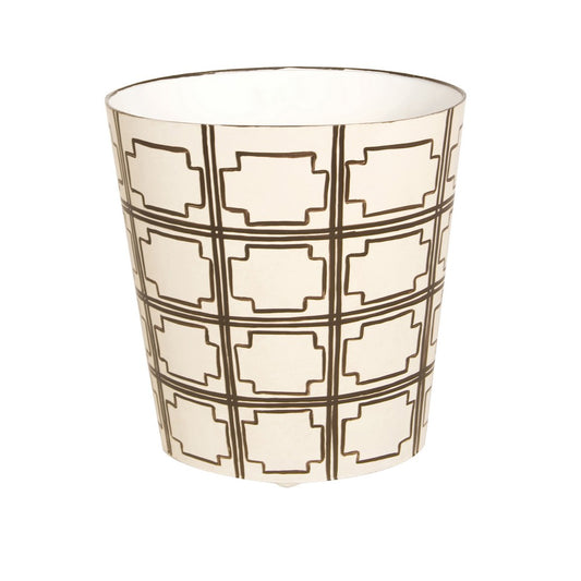 Worlds Away - Oval Wastebasket Cream/Brn Sqrs - WBSQUAREDBR view 1