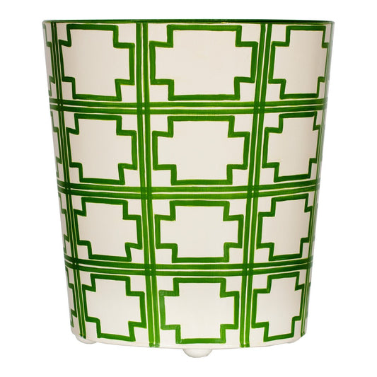 Worlds Away - Oval Wastebasket Cream/Green Sqrs - WBSQUAREDGR view 1