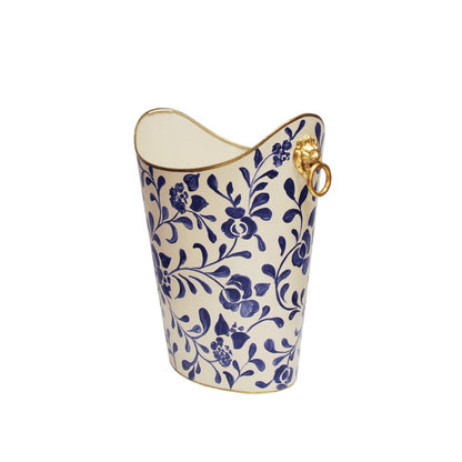 Worlds Away - Oval Wastebasket With Lion Handles In Navy Vine - WBLIONOV VINE view 1