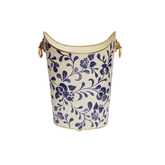 Worlds Away - Oval Wastebasket With Lion Handles In Navy Vine - WBLIONOV VINE view 2
