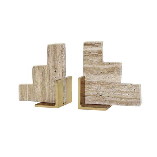 Worlds Away - Pair Of Natural Travertine Stair Step Bookends With Brass Detail - STEPS view 1
