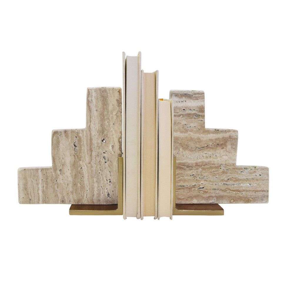 Worlds Away - Pair Of Natural Travertine Stair Step Bookends With Brass Detail - STEPS view 3