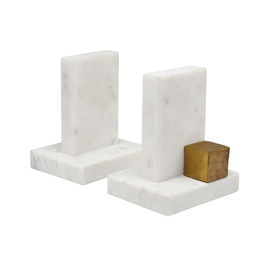 Worlds Away - Pair Of White Marble Bookends With Brass Square Detail - BLOCKS view 1