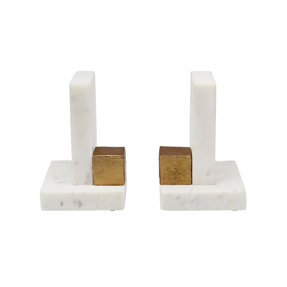 Worlds Away - Pair Of White Marble Bookends With Brass Square Detail - BLOCKS view 2