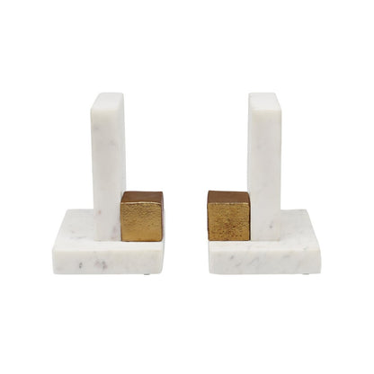 Worlds Away - Pair Of White Marble Bookends With Brass Square Detail - BLOCKS view 2