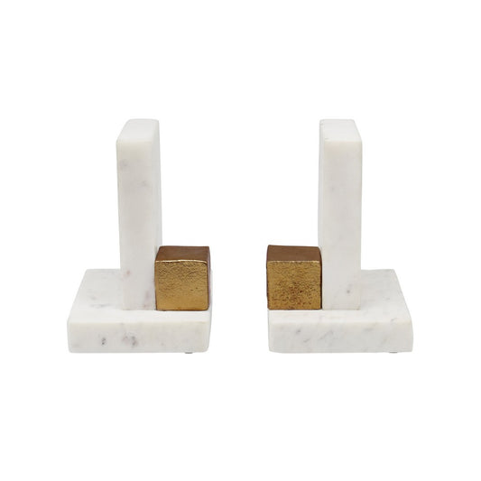 Worlds Away - Pair Of White Marble Bookends With Brass Square Detail - BLOCKS view 2