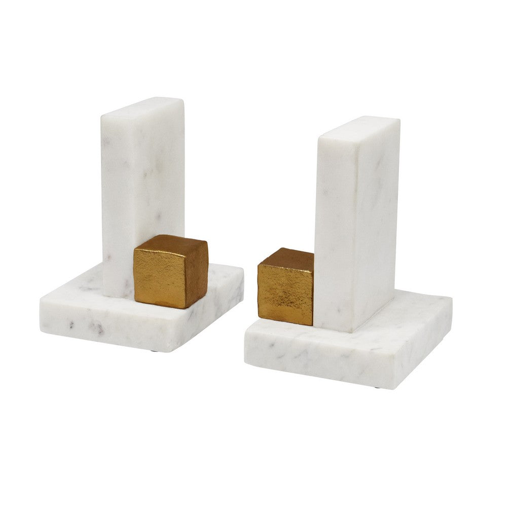 Worlds Away - Pair Of White Marble Bookends With Brass Square Detail - BLOCKS view 3