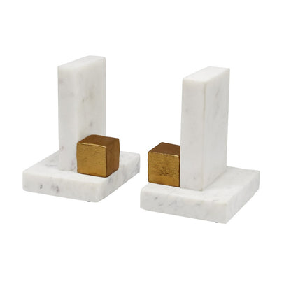 Worlds Away - Pair Of White Marble Bookends With Brass Square Detail - BLOCKS view 3