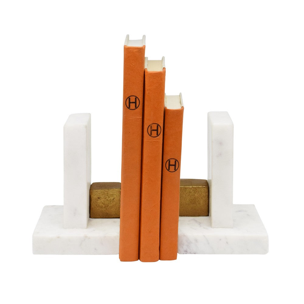 Worlds Away - Pair Of White Marble Bookends With Brass Square Detail - BLOCKS view 5