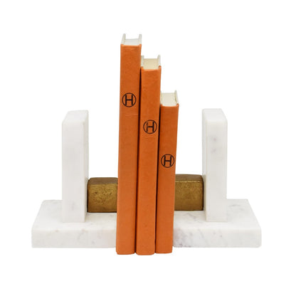 Worlds Away - Pair Of White Marble Bookends With Brass Square Detail - BLOCKS view 5