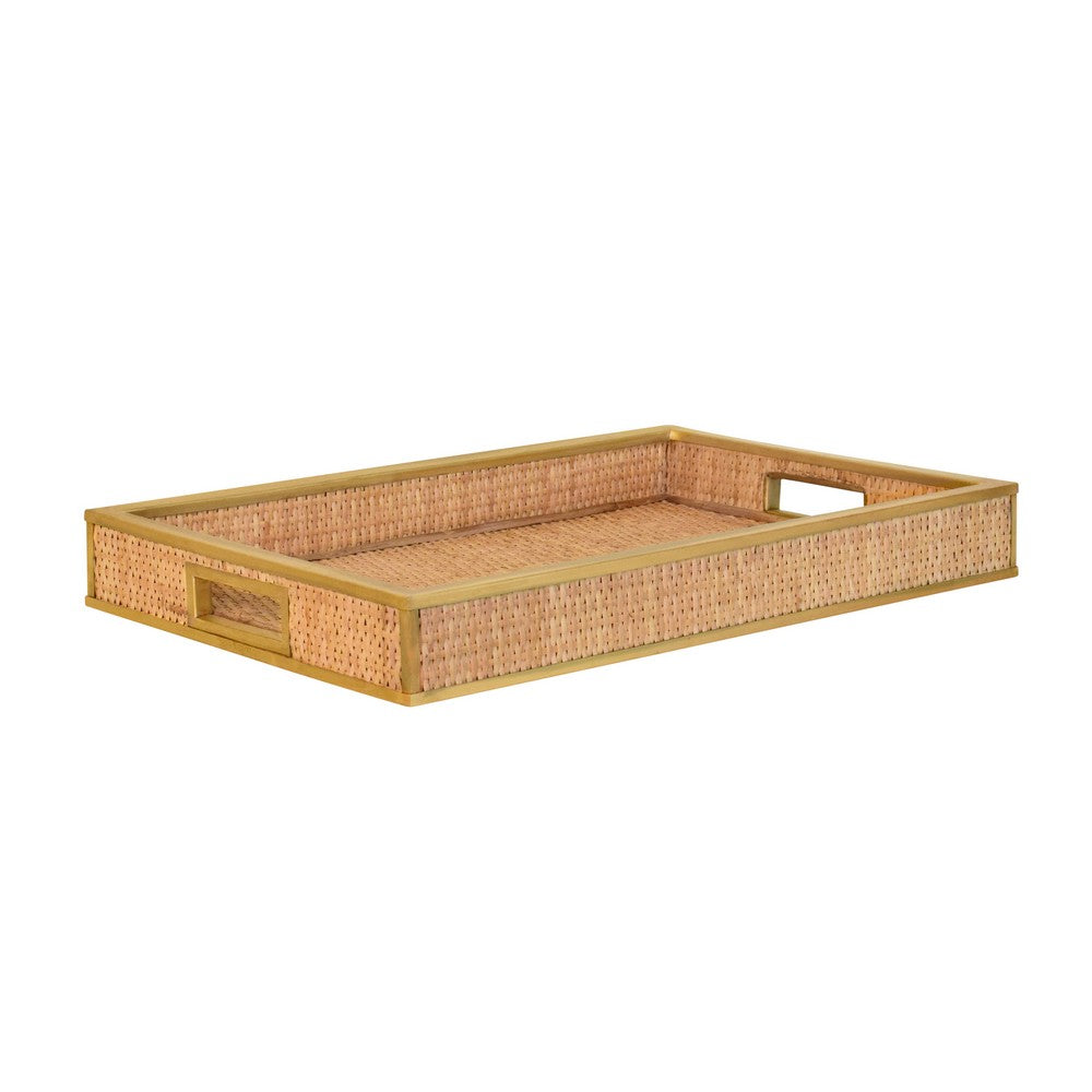 Worlds Away - Rectangular Natural Wicker Rattan Tray With Framed Brass Edge - TOBIN view 1