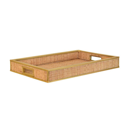 Worlds Away - Rectangular Natural Wicker Rattan Tray With Framed Brass Edge - TOBIN view 1