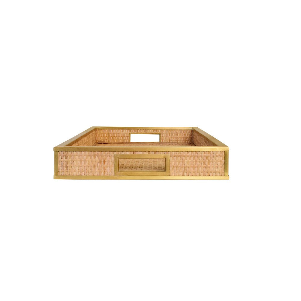 Worlds Away - Rectangular Natural Wicker Rattan Tray With Framed Brass Edge - TOBIN view 2