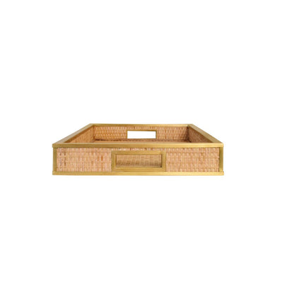 Worlds Away - Rectangular Natural Wicker Rattan Tray With Framed Brass Edge - TOBIN view 2