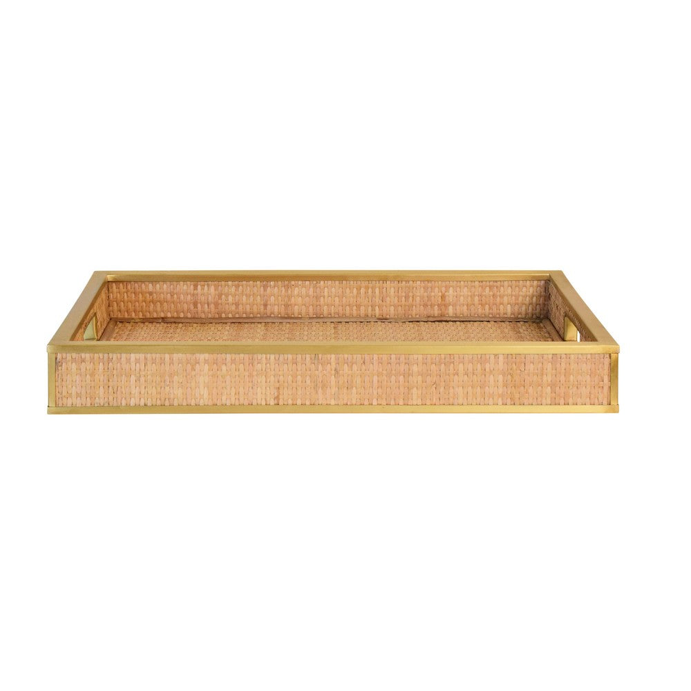 Worlds Away - Rectangular Natural Wicker Rattan Tray With Framed Brass Edge - TOBIN view 3
