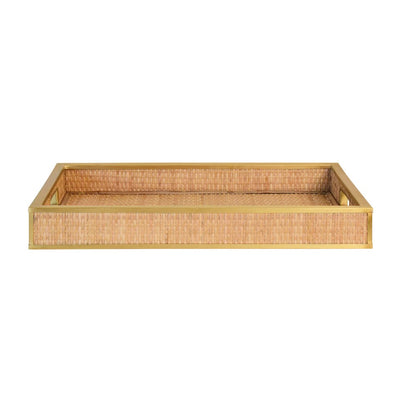 Worlds Away - Rectangular Natural Wicker Rattan Tray With Framed Brass Edge - TOBIN view 3