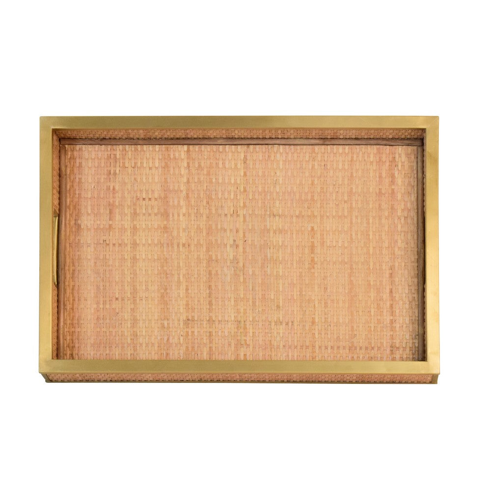 Worlds Away - Rectangular Natural Wicker Rattan Tray With Framed Brass Edge - TOBIN view 4
