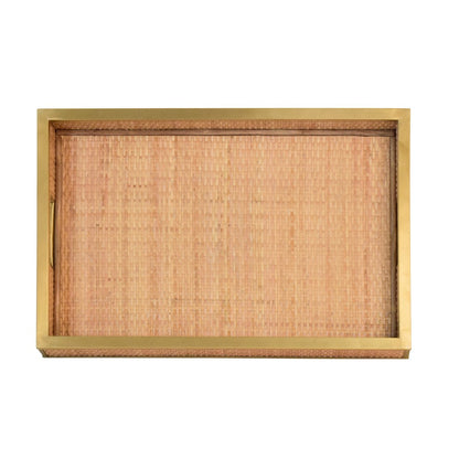 Worlds Away - Rectangular Natural Wicker Rattan Tray With Framed Brass Edge - TOBIN view 4