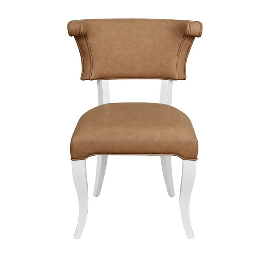 Worlds Away - Round Back Dining Chair With Matte White Lacquer Legs Upholstered In Camel Faux Leather - ELOISE CML view 2