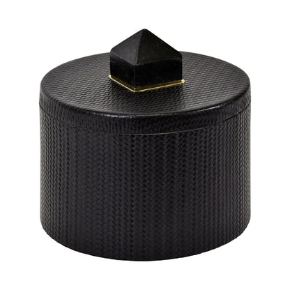 Worlds Away - Round Black Faux Leather Container With Stone Handle - Black - DENVER view 1