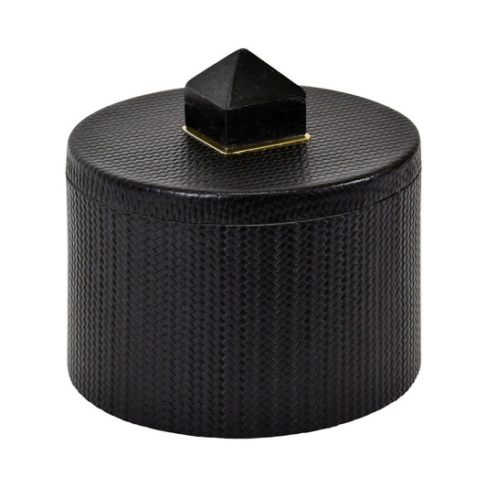 Worlds Away - Round Black Faux Leather Container With Stone Handle - Black - DENVER view 1