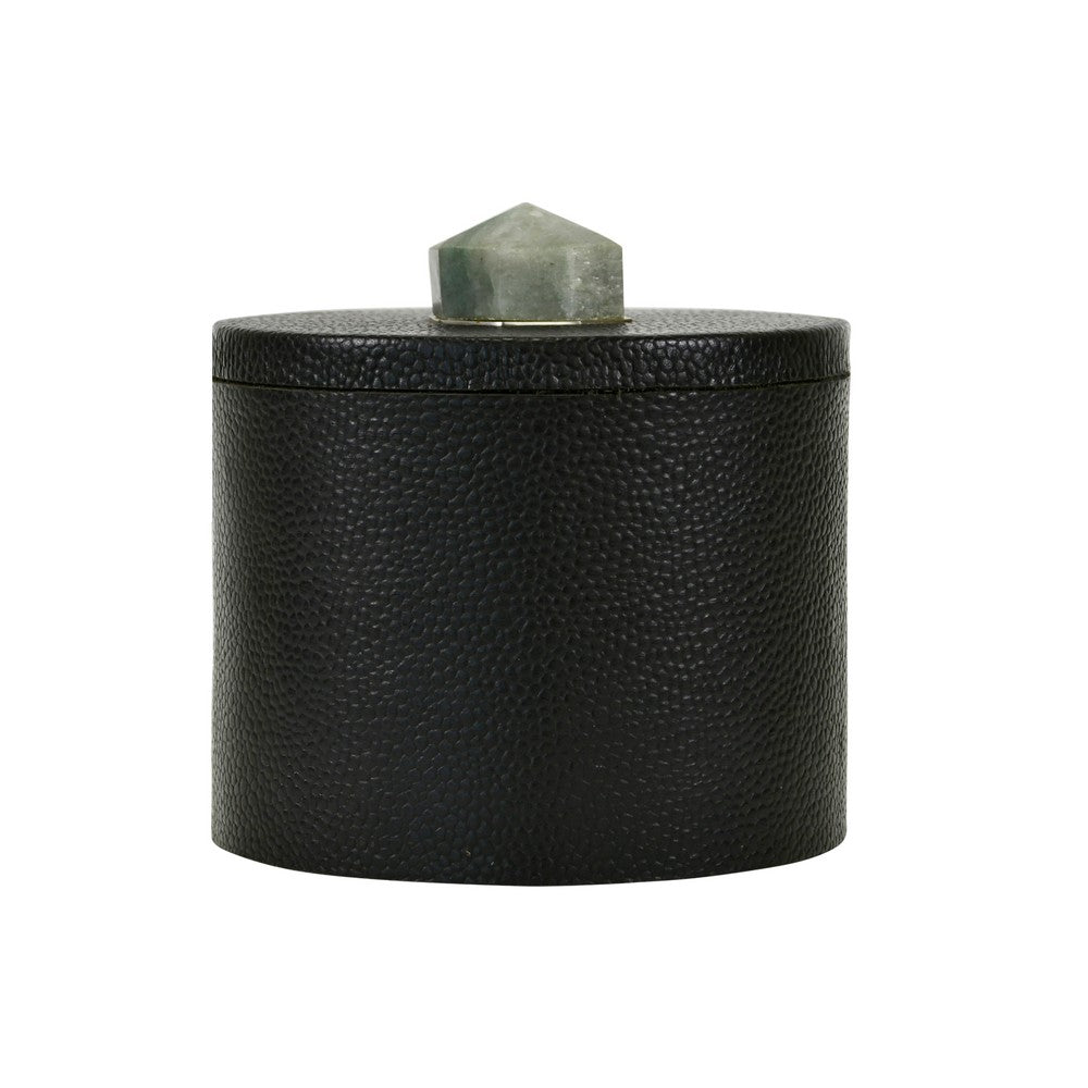 Worlds Away - Round Black Faux Leather Container With Stone Handle - Black - MARLENE view 1