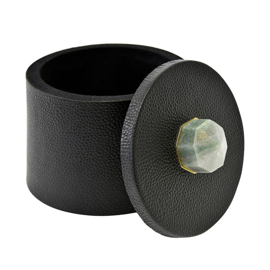 Worlds Away - Round Black Faux Leather Container With Stone Handle - Black - MARLENE view 2