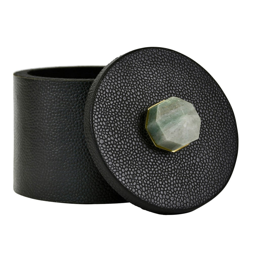 Worlds Away - Round Black Faux Leather Container With Stone Handle - Black - MARLENE view 3