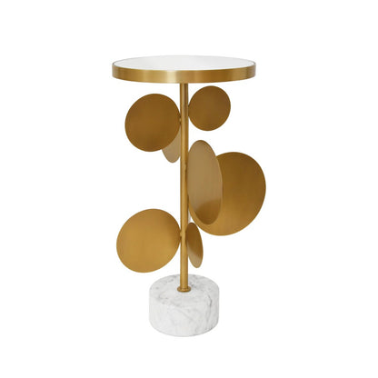 Worlds Away - Round Brass Side Table Featuring Base With Array Of Antique Brass Discs, White Marble Base, And Inset Mirror - CASSIUS view 1