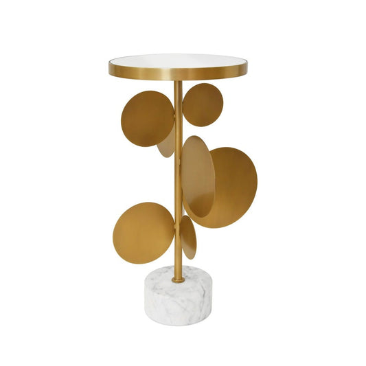 Worlds Away - Round Brass Side Table Featuring Base With Array Of Antique Brass Discs, White Marble Base, And Inset Mirror - CASSIUS view 1