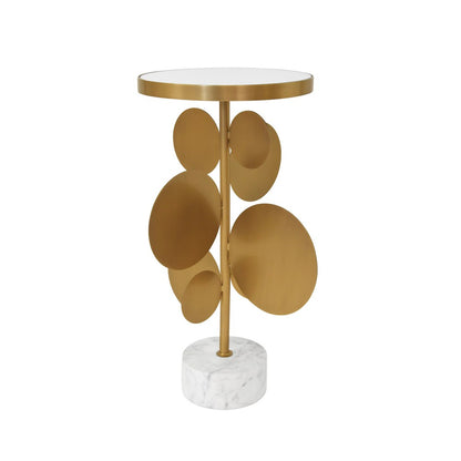 Worlds Away - Round Brass Side Table Featuring Base With Array Of Antique Brass Discs, White Marble Base, And Inset Mirror - CASSIUS view 2