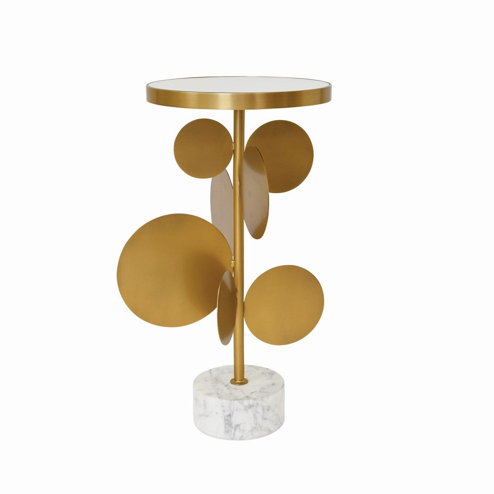 Worlds Away - Round Brass Side Table Featuring Base With Array Of Antique Brass Discs, White Marble Base, And Inset Mirror - CASSIUS view 3