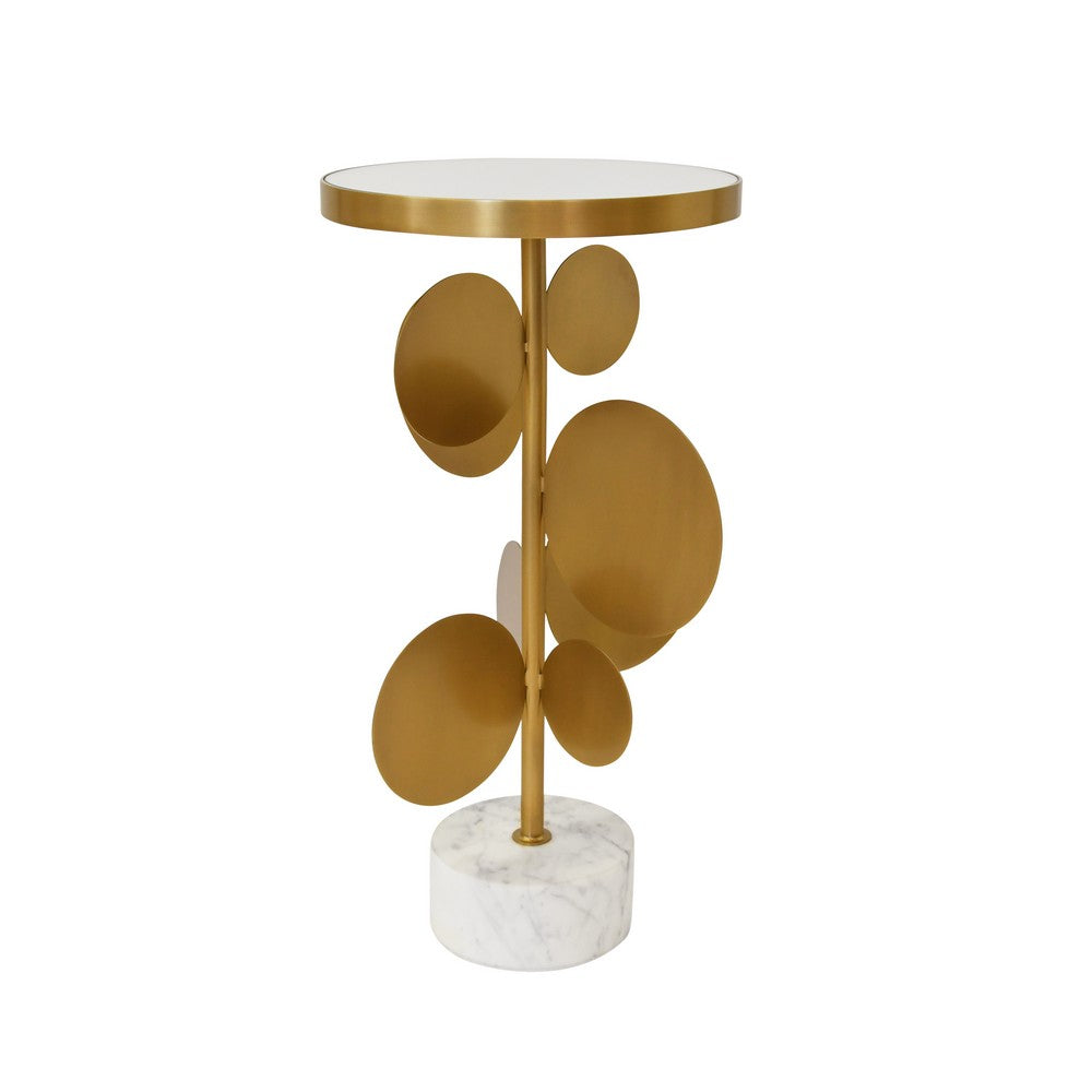 Worlds Away - Round Brass Side Table Featuring Base With Array Of Antique Brass Discs, White Marble Base, And Inset Mirror - CASSIUS view 4