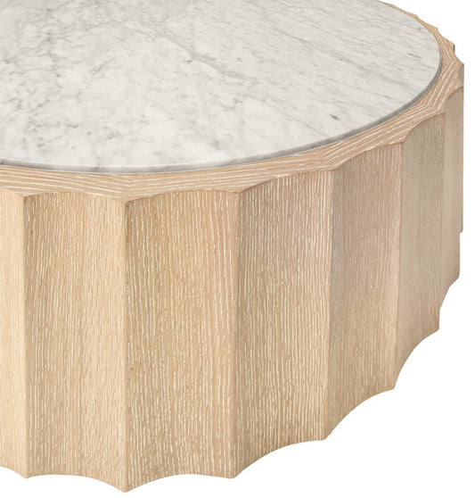 Worlds Away - Round Coffee Table With Fluted Detail In Cerused Oak With White Carrara Marble Top - MOORE CO view 2