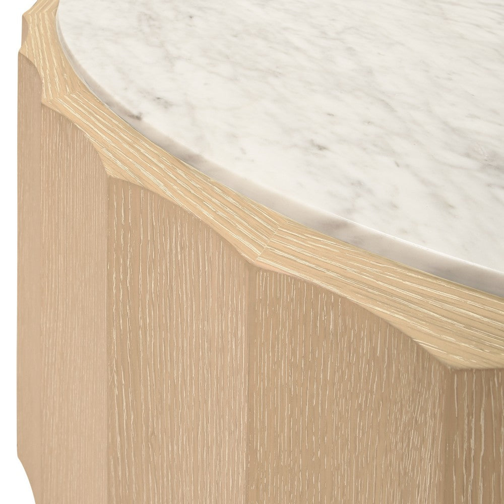 Worlds Away - Round Coffee Table With Fluted Detail In Cerused Oak With White Carrara Marble Top - MOORE CO view 3