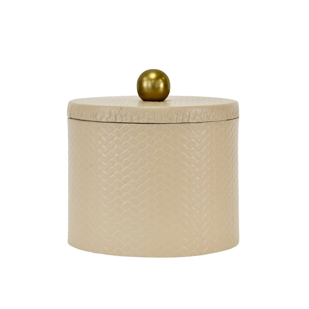 Worlds Away - Round Ivory Faux Leather Container With Brass Ball Handle - EMMA view 1