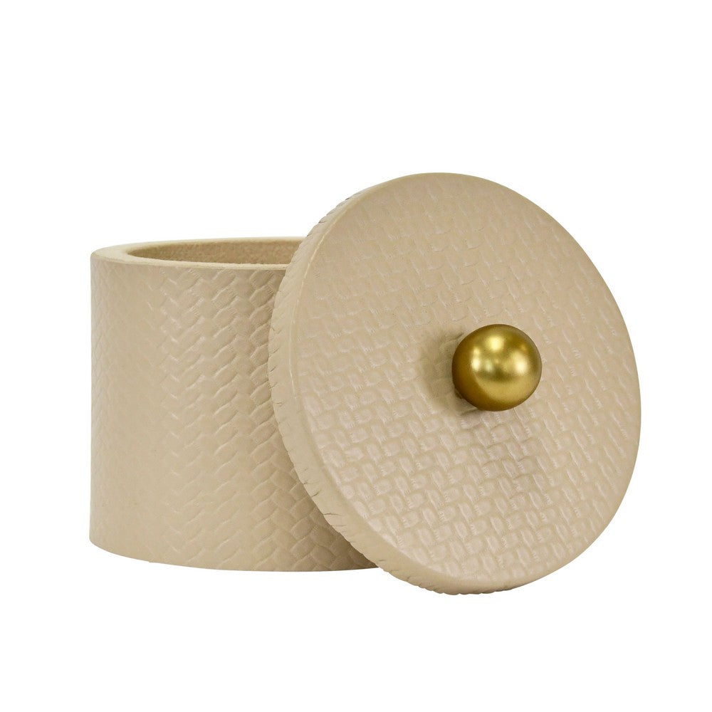 Worlds Away - Round Ivory Faux Leather Container With Brass Ball Handle - EMMA view 2